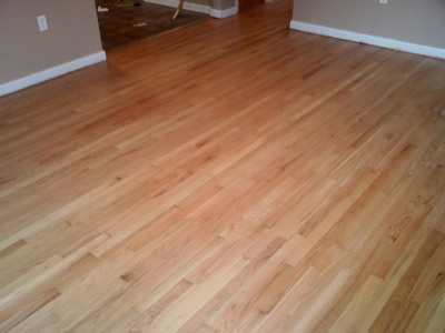 A beautifully refinished red oak hardwood floor that had been covered in pet stains in Coralville