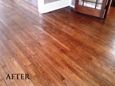Refinished red oak floor stained English Chestnut