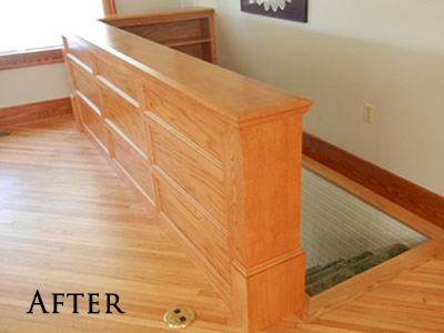 Red oak banister bookcase built-in